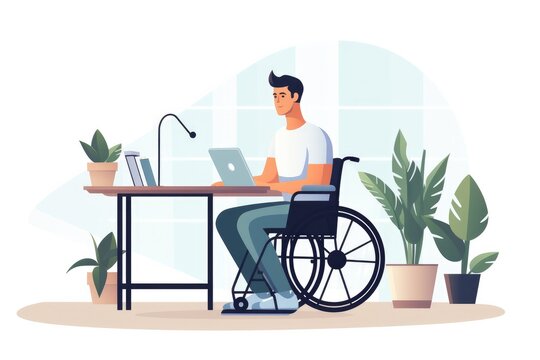 Man In Wheelchair Working From His Home Office. Сoncept Remote Work With Disability, Inclusive Workspace, Adaptive Technology, Accessibility In The Workplace, Empowering Individuals With Disabilities