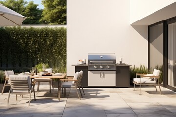 Modern Garden Terrace With Grill, Pool, And Stylish Decor