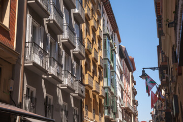 Fototapeta na wymiar Pamplona city center, colorful facade in Castle plaza, Spain
