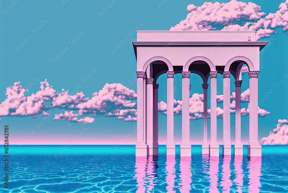 Poster vaporwave landscape with abstract building with pillars. 80s styled pink and blue minimalistic archi