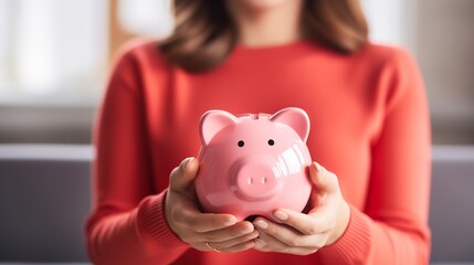 Woman holding pink piggy bank, concept of saving money