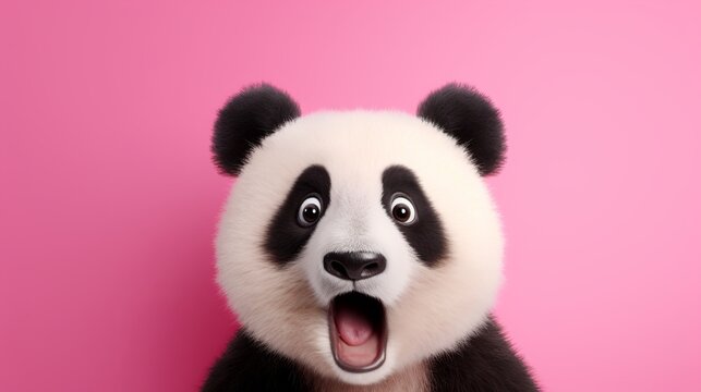 Shocked panda with big eyes isolated on pink background