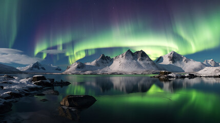 The night sky shimmered with an ethereal Aurora borealis, reflecting off the blanket of snow upon the mountains and sea.