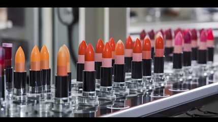 Production line of lipstick. A shot of a cosmetic factory. Beauty, skincare and cosmetology