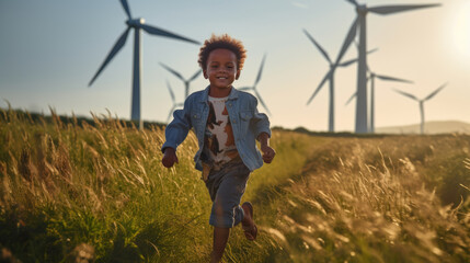 Little child run across a field and play in front of wind turbines. - obrazy, fototapety, plakaty