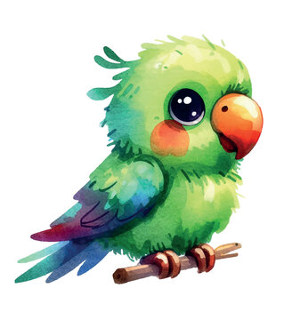Cute cartoon green parrot on a white background. Watercolor, vector illustration