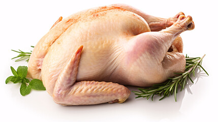 A bird's-eye view of an untouched fowl on a snowy backdrop, a symbol of fresh cuisine.