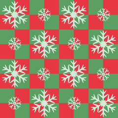 Christmas checkered seamless pattern, red green wrapping paper with symmetrical snowflakes