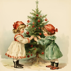 Christmas card. Two little girls decorate the Christmas tree
