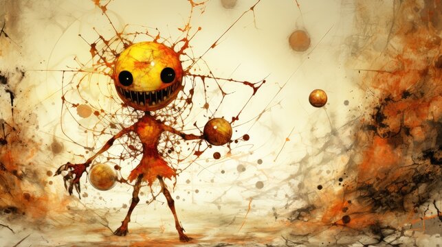 a digital painting of an orange alien with a creepy face and a spooky expression on its face and body.  generative ai