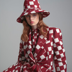 Young girl in a red checkered suit and hat
