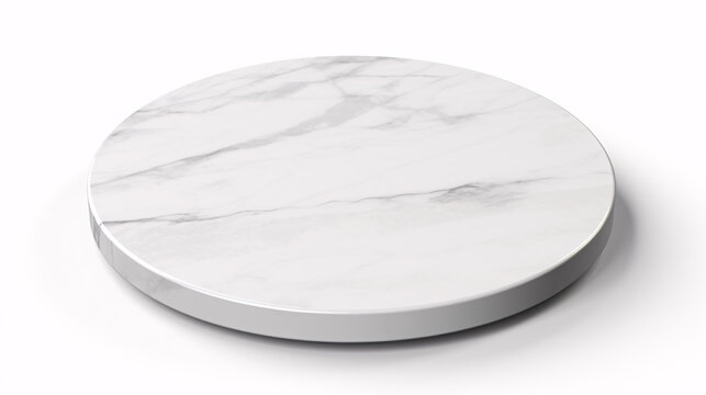 A white marble tabletop standing alone on a white surface, presented for viewing.