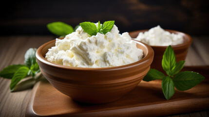 A fresh serving of creamy cottage cheese sits in a wooden bowl, surrounded by rustic textures and greenery for garnish.