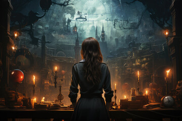 A determined woman navigates through a dark factory, using her digital compositing skills to light her way with flickering candles as she prepares for an action-packed adventure in this thrilling pc  - Powered by Adobe