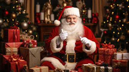 A cheerful Santa Claus surrounded by a bounty of wrapped Christmas gifts, with a decorated tree and cozy fireplace setting a festive background.