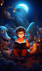 a little boy dressed in pajamas is reading a book while sitting on a bed in the middle of a magical world with friendly imaginary aliens