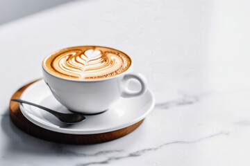 Close up of latte on white background with copy space