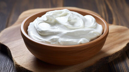 A luscious, smooth white cream is showcased in a wooden bowl, highlighting its glossy texture and rich consistency.