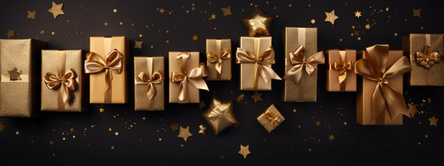 Various luxuriously wrapped gift boxes adorned with shimmering golden and silver bows