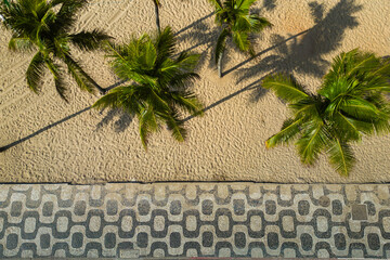 Top View of Ipanema Mosaic Sidewalk and Palm Trees at the Beach in Rio de Janeiro, Brazil - obrazy, fototapety, plakaty