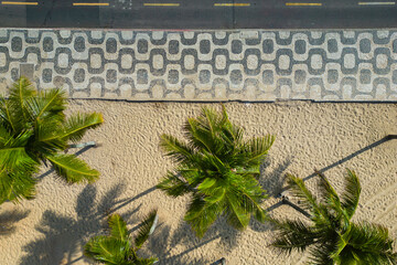 Top View of Ipanema Mosaic Sidewalk and Palm Trees at the Beach in Rio de Janeiro, Brazil