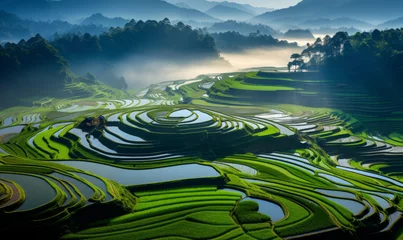 Foto op Canvas High panoramic view of beautiful green rice paddy fields in Asia. Stunning travel background © ink drop