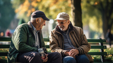 Two elderly friends share a light-hearted moment on a park bench, their warm laughter and camaraderie highlighted against a backdrop of autumn trees. - obrazy, fototapety, plakaty