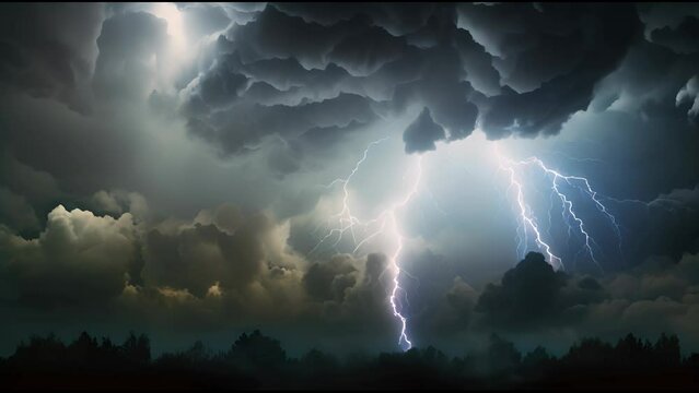 A dramatic thunderstorm scene with cumulonimbus clouds, jagged lightning bolts, heavy rain, and flashes of light against a black background.