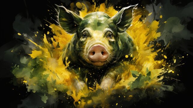  a painting of a pig's face with yellow and green paint splatters on it's face.  generative ai