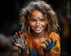A child with paint on his hands and face, showing the joy of painting.