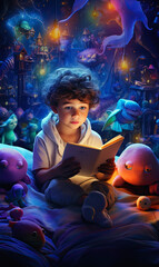 a little boy dressed in pajamas is reading a book while sitting on a bed in the middle of a magical world with friendly imaginary aliens - obrazy, fototapety, plakaty