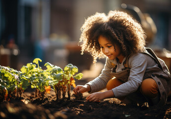 A little girl with curly hair is planting flowers - obrazy, fototapety, plakaty