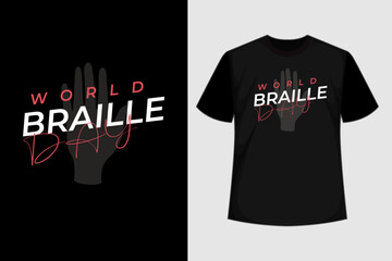 World Braille Day. Slogan World braille day, blind. World Braille Day with Hand fingering letters. t shirt  logo for the annual celebration of World Braille Day (January 4), T-shirt design .black - obrazy, fototapety, plakaty