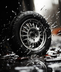 A car tire on a wet road