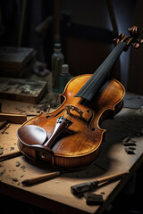 old violin in the workshop of a luthier for repairs