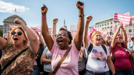A passionate crowd of women raise their fists and voices in a demonstration, advocating for their rights and showcasing unity and empowerment.