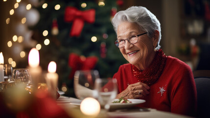 Elderly woman with a joyful smile is seated at a festive Christmas dinner table, adorned with candles and decorations, wearing a sweater and glasses. - obrazy, fototapety, plakaty