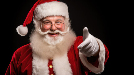 A cheerful Santa Claus in his traditional red attire gives a thumbs-up, exuding the festive spirit of Christmas with his jolly smile and snowy white beard.