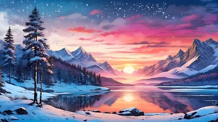 snowy beautiful forest landscape, winter lake landscape, wintry forest wallpaper, sunrise in a impressive frozen woodland - obrazy, fototapety, plakaty