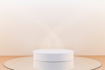 Arrière plan beige et blanc avec présentoir pour des produits avec un rendu 3 D. Plate-forme vide avec podium pour cosmétique, bijoux, maquette ou autres objets.	