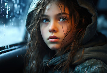 A little girl looks at the rain through the car window