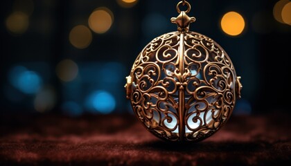 Photo of a Shimmering Golden Ball with Intricate Filigrees Resting on a Table