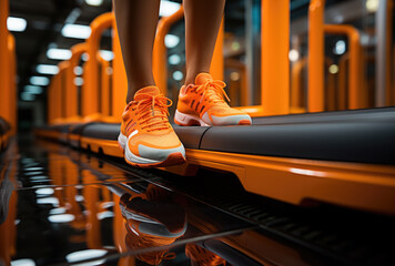 A person's orange shoes firmly planted on a treadmill, their feet moving in rhythmic strides...