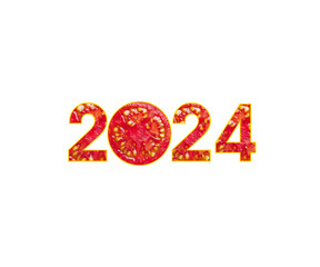 3D Rendering the New Year 2024 Eve logo with a Tomato pattern for vegetarians, Concept for Freshness, Healthy, Care, Natural, Food chart, Restaurant, Diet, Vegetable shop, Gym, Yoga, etc.