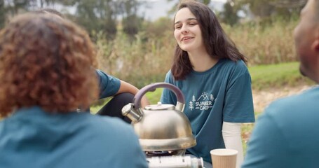 Camping, friends and laughing with coffee in nature at a community outreach program as a volunteer group. Tea, woods or forest with counselor people sitting together outdoor speaking about charity