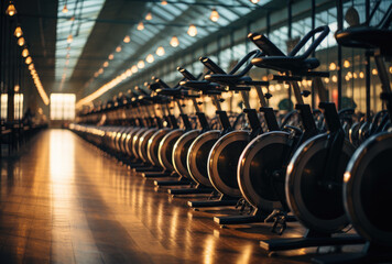 Rows of stationary bike in gym modern fitness center room - obrazy, fototapety, plakaty