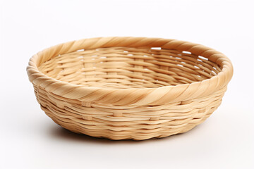 A vacant wooden container used for holding fruit or bread sits on a plain white surface.