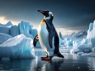 A lone penguin on a melting ice floe representing climate change and global warming. Generative AI