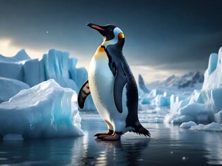 Fototapeta premium A lone penguin on a melting ice floe representing climate change and global warming. Generative AI