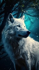 Lovely white wolf lost in beautiful winter night